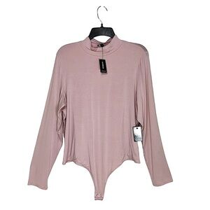 Express Stretchy Soft Light Pink Lined Front Monk Long Sleeve Thong Bodysuit XL